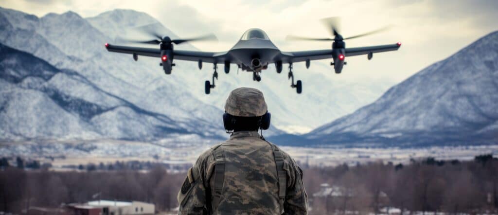 military man undergoing training drone control on mission critical unmanned aerial vehicle