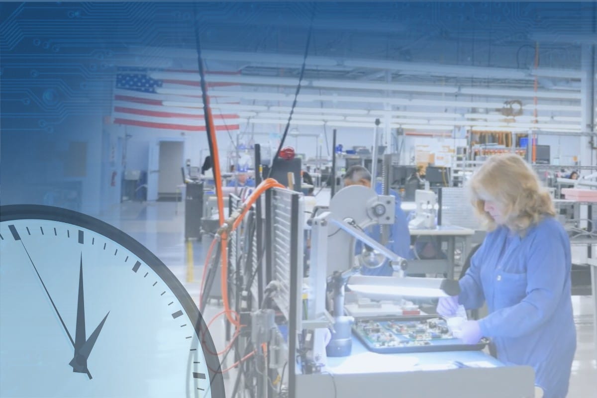 Federal Elec Blog-06 Graphic-01 Electronics manufacturing technician assembling circuit boards in a factory, representing speed and precision in contract manufacturing.