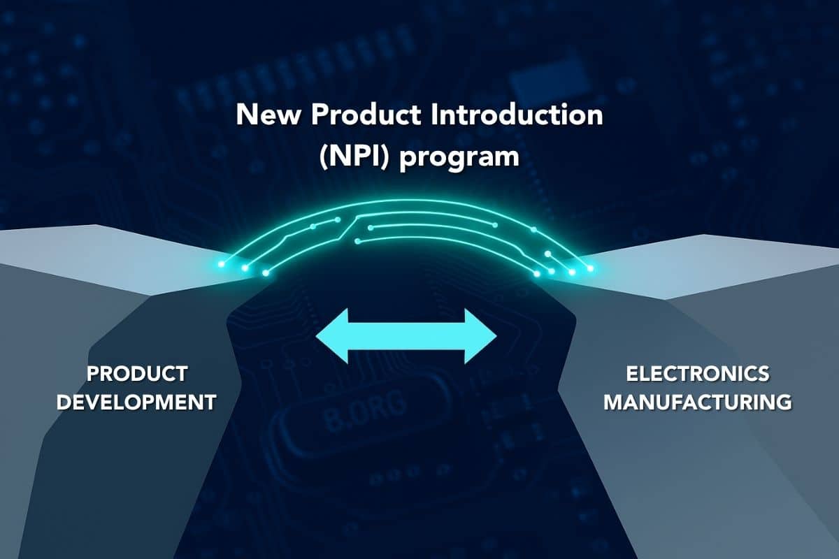 Federal Elec Blog-09 Graphic-01 Graphic illustrating how an NPI program bridges the gap between product development and electronics manufacturing through a digital circuit connection.