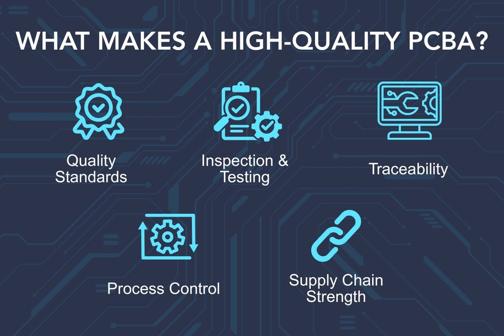Federal Elec Blog-14 Graphic-03 Key factors of high-quality PCBA including quality standards, inspection and testing, traceability, process control, and supply chain strength